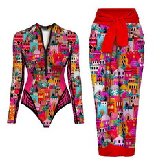 SEAURAL Vintage Print Long-Sleeve Swimsuit Set – Women’s Surfwear 2025