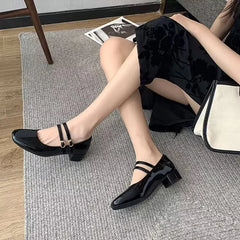 Burgundy Patent Mary Jane Pumps – Double Buckle Vintage Low Block Heels (2025)