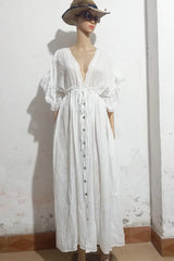 Summer Long V-Neck Kimono Bikini Cover-Up – Women’s Lace-Up Boho Beach Dress