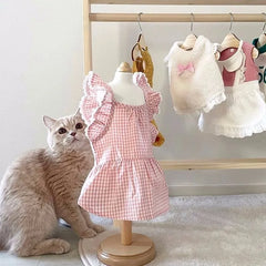 Pink Plaid Lace Pet Dress – Soft Spring/Summer Outfit for Dogs & Cats
