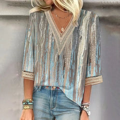 Women’s V-Neck Loose Blouse – Casual Elegant Short Sleeve Top