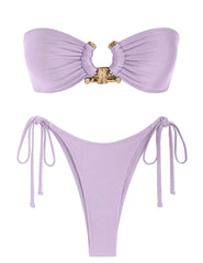 Tie-Side Shiny Ring Bandeau Bikini – Women’s Padded Low-Waist Swimsuit 2025