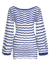 Boho Striped Knit Mini Dress – V-Neck Cut-Out Bell Sleeve Cover-Up (K123)