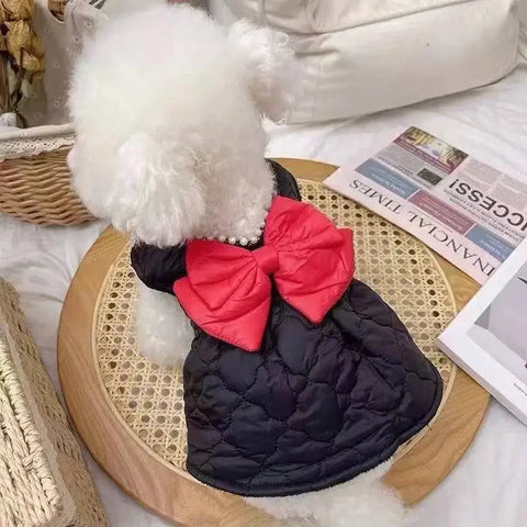 Winter Velvet Dog Dress 🎀 Thick Warm Outfit with Bow for Small Dogs & Cats