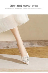 Women's Elegant Black Mid Block Heels Pumps with Crystal Rhinestone Pointed Toe Dress Shoes