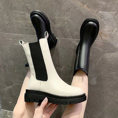 Black Ladies Boots Elegant with Low Heels Shoes for Women Chelsea Mid Calf Half High Footwear Spring Autumn Sale Quality 2025 Pu