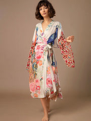 Peacock Print Beach Kimono – Self-Belted Swimsuit Cover-Up Wrap Dress