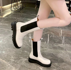 Black Ladies Boots Elegant with Low Heels Shoes for Women Chelsea Mid Calf Half High Footwear Spring Autumn Sale Quality 2025 Pu