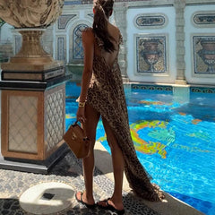 Women’s Chiffon Halter Dress & Leopard Shorts Set – Summer 2025 Beach Outfit