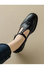 Retro Women's Brogue Leather Shoes Spring round Head Carved Mary Jane Shoes Women Oxfords Women's Shoes Ladies Leather Female