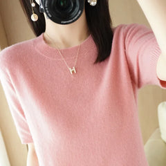 Women’s Short Sleeve Slim Fit Knitted Sweater – Camel & Pink