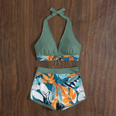 High-Waist Plant Print Bikini Set – Women’s Two-Piece Swimsuit