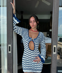 Boho Striped Knit Mini Dress – V-Neck Cut-Out Bell Sleeve Cover-Up (K123)