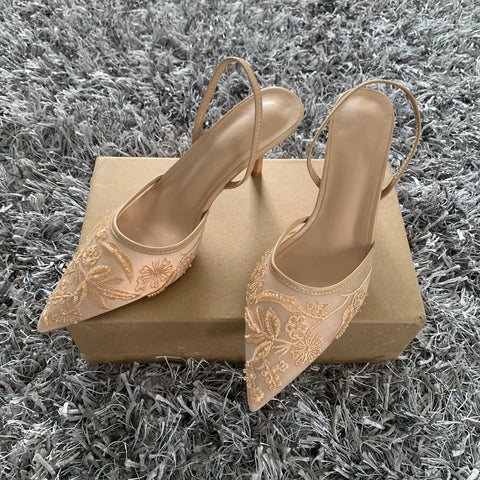 Luxury Brand High Heels Women Sandals Mesh Embroider Elegant Pointed Ladies Slingback Evening Party Wedding Bridal Dress Shoes