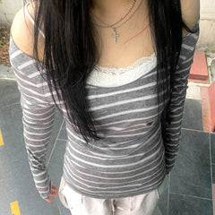 Women’s Japanese Stripe Long Sleeve Tee – Slim Off-Shoulder Y2K Top