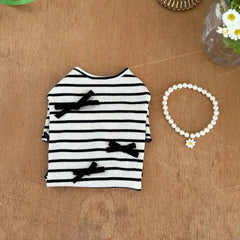 Summer Striped Dog Dress – Bow Collar Outfit for Small Dogs, Black & White Pet Clothes