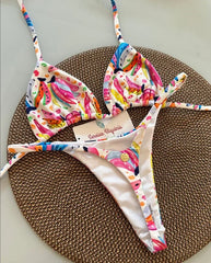 Y2K Print Halter Lace-Up Bikini Set – Sexy Women’s Thong Swimsuit