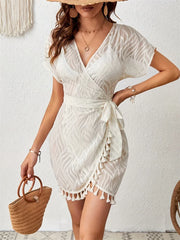 White Lace V-Neck Beach Dress – Long Sexy Swimsuit Cover-Up Tunic