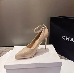 11cm Super High Stiletto Heels Pumps Women Shoes Pearl Chain Thong Ankle Strap Pointed Toe Big Size Leather Office Shoes