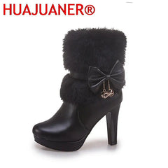 2025 New Fashion Womens Winter High Heel Boots Pink White Black Fur Tassel Bowtie Lovely Lolita Ladies Party Wedding Shoes
