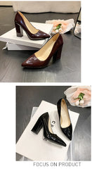 10cm High Heel Colorful Pumps Women's Shoes Pointed Toe Fashion Red 3.9inch Chunky Heels Patent Leather Female Plus Size 49 50