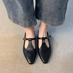 2025 New Vintage Women's Leather Mary Jane Pumps - Pointed-Toe Gold Floral Buckle T-Strap Low Heel Office & Daily Shoes