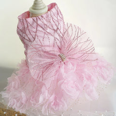 Luxury Lace Rose Dog Dress – White & Pink Wedding Outfit for Small Pets