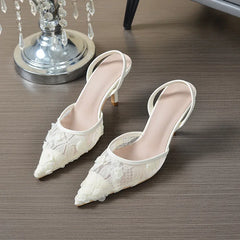 Sharp Point Single Shoes Embroidered Lace High Heels Black Shiny Summer Elegance Sandals Fashionable Versatile Rubber Sole