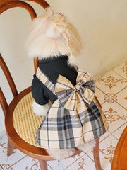 Black & Khaki Plaid Pet Dress – School-Style Dog & Cat Outfit with Bow Tie