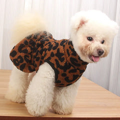 Leopard Print Dog Dress – Winter Fleece Hoodie Coat for Small Dogs