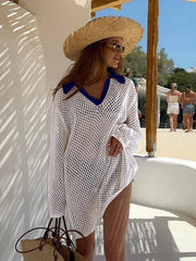 Solid Colour Beach Knit Mini Dress Women's Summer Sexy Hollow Out Long Sleeve Swimsuit Cover Up Boho Holiday Loose Beachwear K17