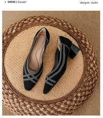 Women's high heels knitted breathable square heel beautiful princess non slip rubber sole comfortable shoes 2024 new model