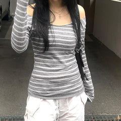 Women’s Japanese Stripe Long Sleeve Tee – Slim Off-Shoulder Y2K Top