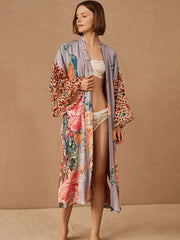 Peacock Print Beach Kimono – Self-Belted Swimsuit Cover-Up Wrap Dress