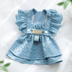 Denim Dog Dress 👗 Summer Blue Outfit with Leash Ring for Small Dogs & Cats
