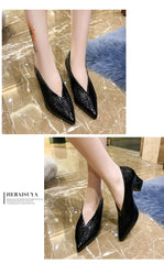 Vintage black Soft Leather Shallow Pointed Toe Thick Heel Women's Flats 2024 New Spring Summer High Heel Versatile High Shoes