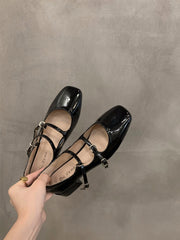 Retro Mary Jane Shoes – Glossy Medium Heel Comfort Ballet Pumps