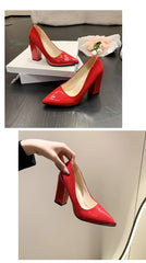 10cm High Heel Colorful Pumps Women's Shoes Pointed Toe Fashion Red 3.9inch Chunky Heels Patent Leather Female Plus Size 49 50