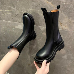 Black Ladies Boots Elegant with Low Heels Shoes for Women Chelsea Mid Calf Half High Footwear Spring Autumn Sale Quality 2025 Pu