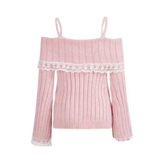 Women’s Off-Shoulder Pink Knit Sweater – Bow Lace Patchwork Pullover