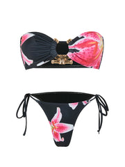 Tie-Side Shiny Ring Bandeau Bikini – Women’s Padded Low-Waist Swimsuit 2025