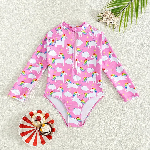 Girls 2-Piece Long-Sleeve Swimsuit Set – Sunblock Bathing Suit for Kids 3–8Y