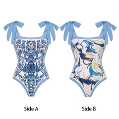 Retro Strappy High-Waist Swimsuit – Women’s V-Neck Printed Bikini 2025