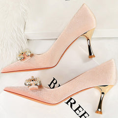 Luxury Women 7cm High Heels Wedding Replica Pumps Lady Luxury Designer Metal Chain Buckle High Heels Stiletto Women Dress Shoes