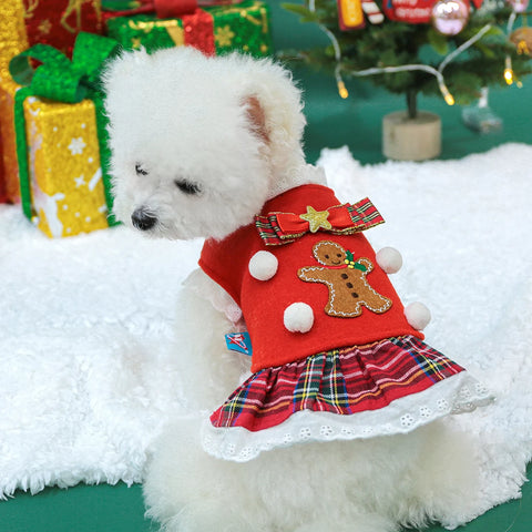 Gingerbread Christmas Pet Dress 🎄 Warm Red Winter Outfit for Dogs & Cats