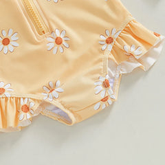 Toddler Girl Floral Rash Guard Swimsuit Set with Hat – Long Sleeve Zipper Bathing Suit