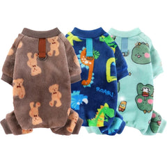 Soft Flannel Dog Pajamas – Cartoon Animal Print Winter Jumpsuit for Dogs