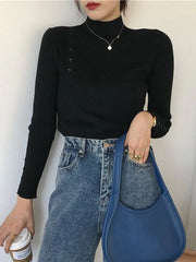 Women’s Knitted Turtleneck Sweater – Slim Button Pullover