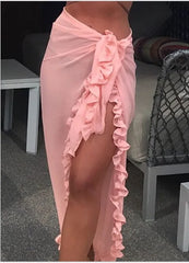 Ruffle Long Sarong Skirt – Solid Bikini Cover-Up Beach Wrap (5 Colors)