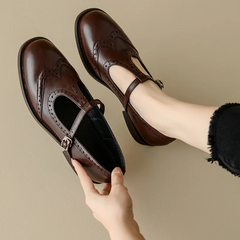 Retro Women's Brogue Leather Shoes Spring round Head Carved Mary Jane Shoes Women Oxfords Women's Shoes Ladies Leather Female